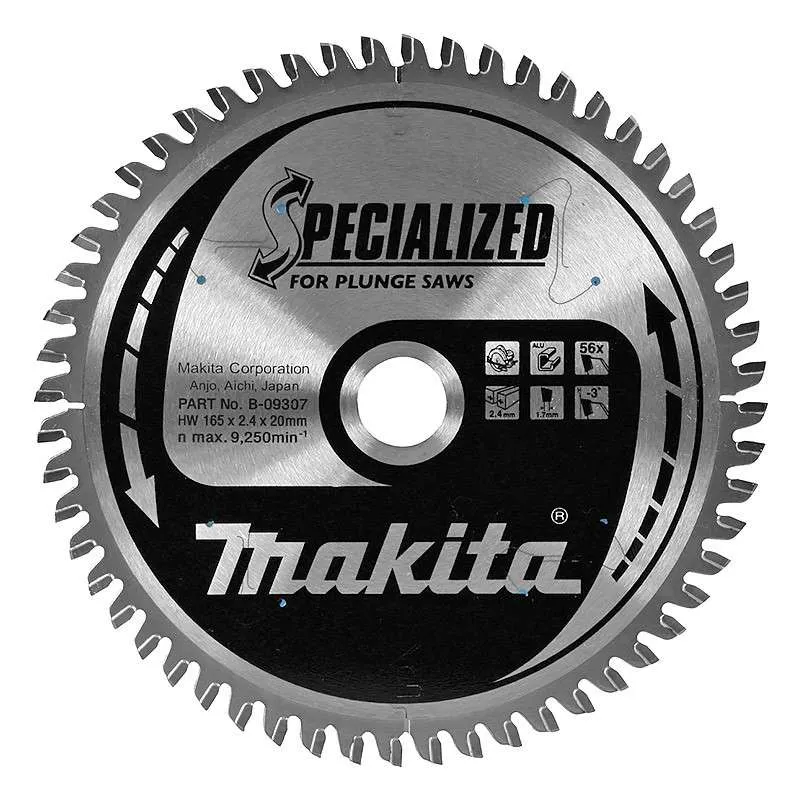 Lame Carbure MAKITA B-09307 (B-33021) forme TCG spécialisée Aluminium, pour scies plongeantes  165 mm 56 Dents